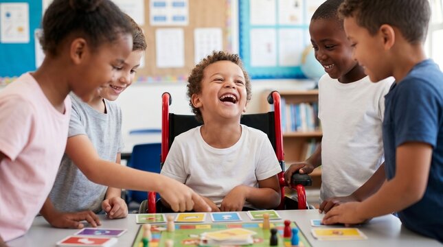 Children playing a board game together, smiling and laughing, with one child in a wheelchair, for the concept of inclusivity and childhood fun.