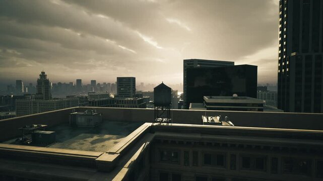 Dim atlanta rooftop skyline at dusk heavy cloudband and blocky towers in silhouette, empty rooftop line and antenna details, quiet industrial mood and creeping