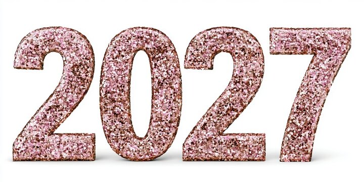 Numbers 2027 In Sparkling Pink Glitter Texture Isolated On Solid Stark White Advertising Background