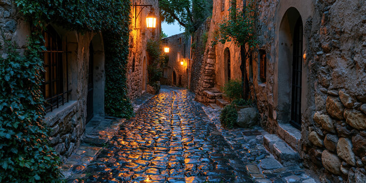 Narrow Stone Lane with Illuminated Wall Lamps