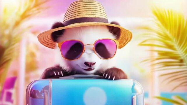 Cute panda with sunglasses and a straw hat sits behind a blue suitcase, ready for a summer trip or vacation concept, fun tropical adventure idea.