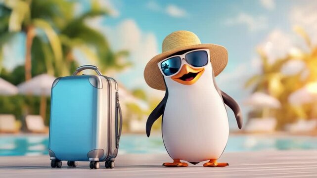 Cute cartoon emperor penguin wearing a hat and sunglasses standing by a suitcase next to a pool. Summer travel concept. Use as a holiday promotion image.