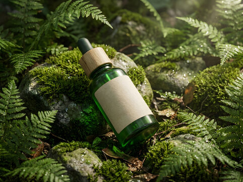 Green dropper bottle with wooden cap and blank label nestled in mossy forest.