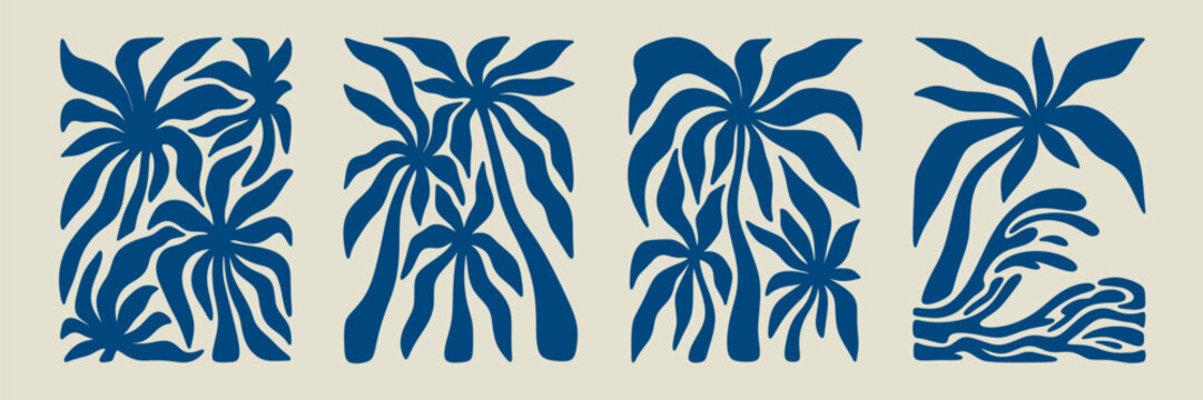 Set of irregular organic shape wavy coconut palm tree silhouette hand drawn poster set. Funky boho style groovy blue mediterranean coastal background. Beach abstract summer vacation quirky design