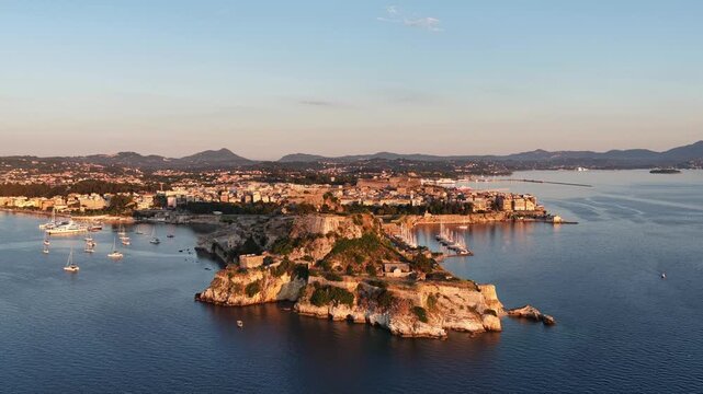 Corfu Old Fortress and Town aerial vista at golden hour Greece
