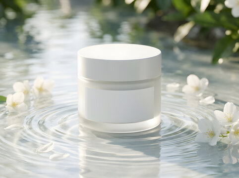 Cosmetic jar mockup floating in water with white flowers from north america landscape.