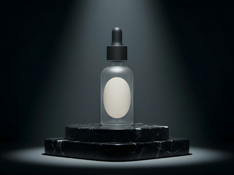 Cosmetic glass serum bottle on black marble pedestal in studio with north america vibe.