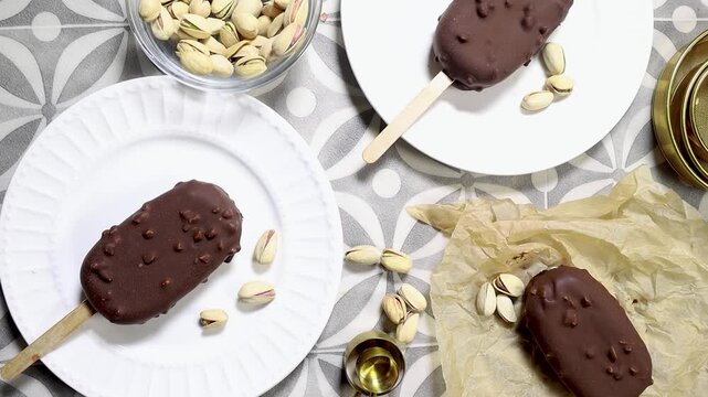 Chocolate Pistachio Ice Cream Bars on Plates With Scattered Pistachios &mdash; Overhead Flat lay