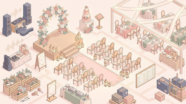 Isometric wedding planning venue map with event stations