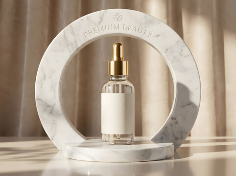 Glass serum dropper bottle on white marble arch display within north america branding.