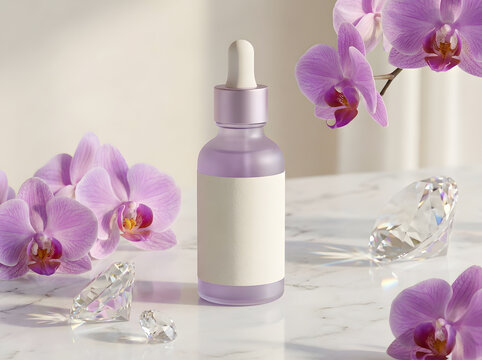 Purple frosted serum bottle with orchids and diamonds for north america luxury market.