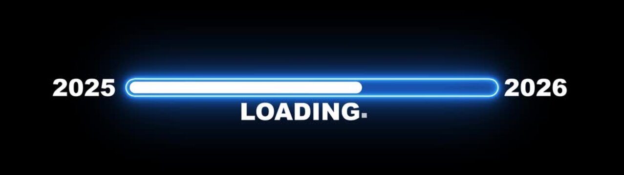 New year 2026 loading bar animation Year changing from 2025 to 2026. Loading bar from 2025 to 2026 new year transfer animation. Almost reaching New Year on black background