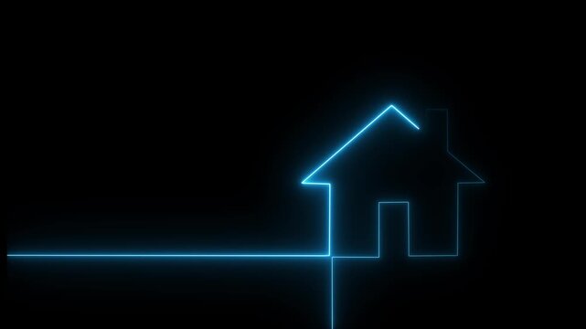 Neon line home icon. Neon line Cool linear animated home icon. House icon glowing neon light. Elegant animation features a hand drawn cottage forming from one uninterrupted neon line. 4k video motion