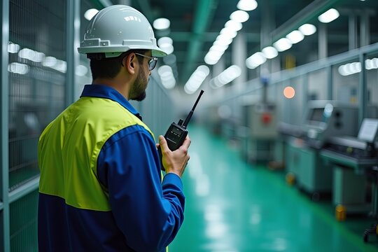 Security Guard Monitoring Chip Manufacturing Factory with Walkie Talkie to Ensure Production Line Protection and Control.