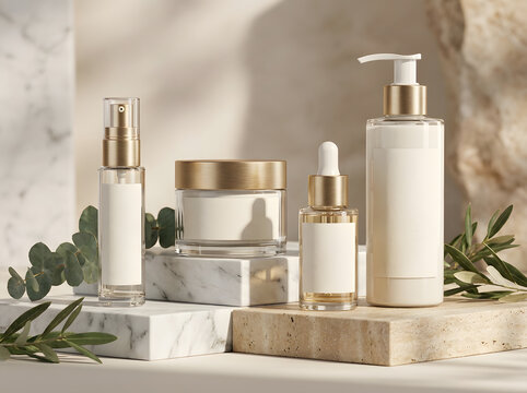 Luxury cosmetic set with gold pumps and cream jars showcased in North America market.