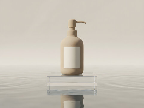 Cosmetic bottle mockup on clear acrylic podium with water ripples on light background.