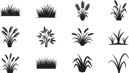 Black silhouette grass and plant icons © Redowan