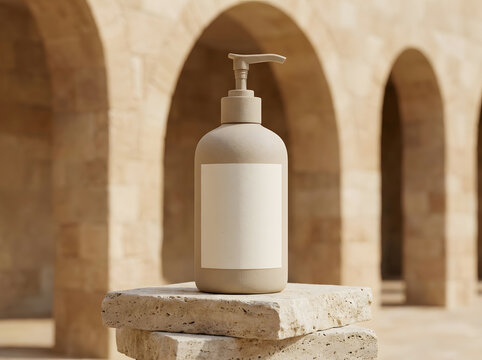 Minimalist cosmetic bottle on stone blocks with ancient architectural arches in background.