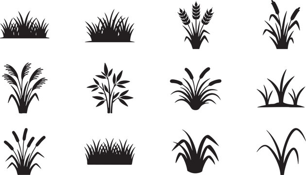 Black silhouette grass and plant icons