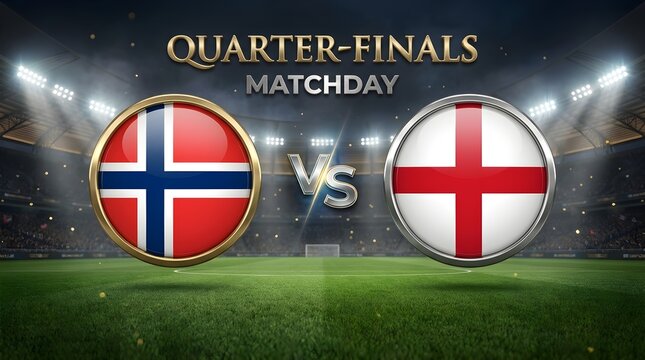 Quarterfinals matchday graphic featuring norway vs england football flags