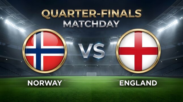Quarterfinals matchday graphic featuring norway vs england football teams