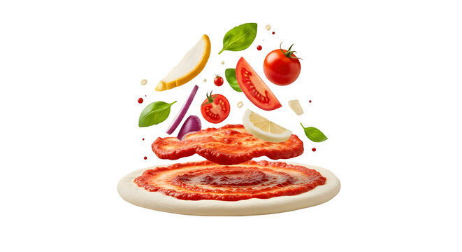 Pizza ingredients exploding dough tomato sauce fresh vegetables isolated on transparent background