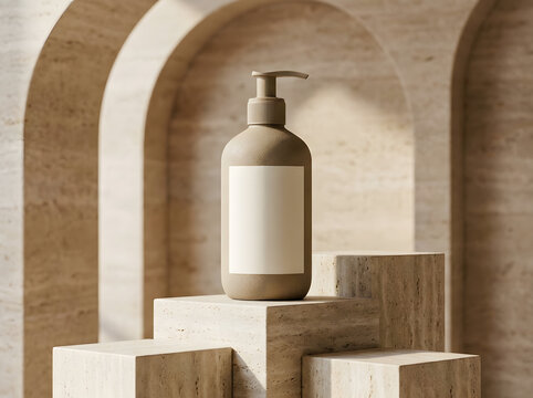 Natural cosmetic bottle on travertine cubes with elegant architectural arches in background.