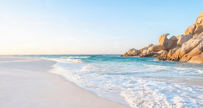 Linda praia com &aacute;guas cristalinas e rochedo
