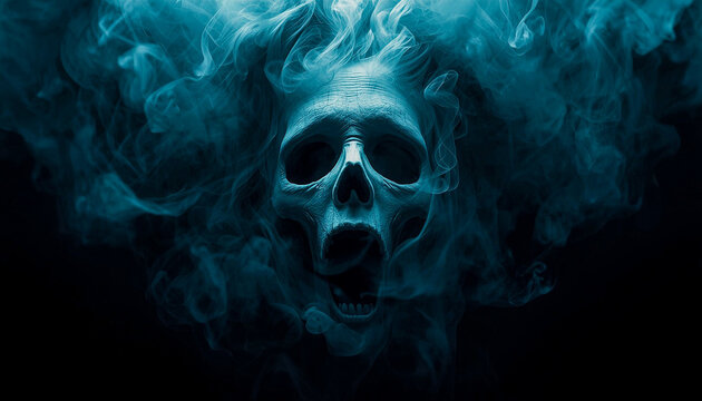 Eerie skull emerging from blue smoke, haunting ghostly face in swirling mist, dark cinematic horror aesthetic for Halloween and mystery concepts