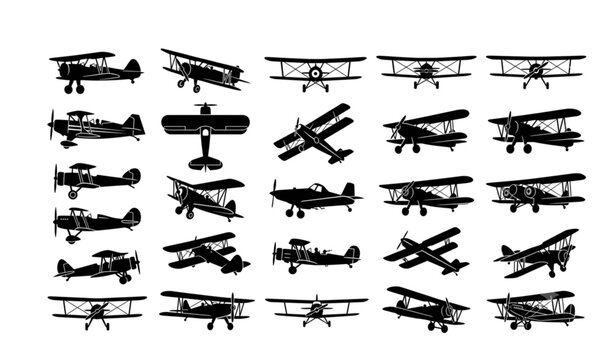 Classic biplane silhouette vector pack with vintage airplane aircraft black isolated aviation collection on white