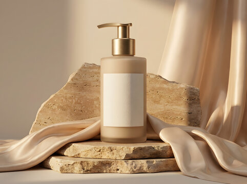 Earthy cosmetic bottle for skincare placed on stacked stone in North America studio.