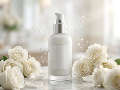 White skincare bottle mockup with floating water drops near roses in North America.