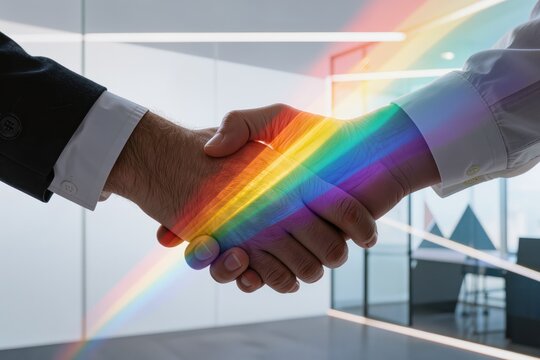 Poign&eacute;e de main entre deux collaborateurs avec effets lumineux color&eacute;s, symbole de partenariat, confiance, innovation, coop&eacute;ration et travail d'&eacute;quipe