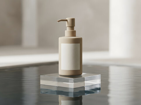 Beige matte cosmetic bottle on glass pedestal reflecting in calm water surface scene.