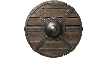 Naklejka premium Rustic wooden Viking shield with metal reinforcements isolated on transparent background
