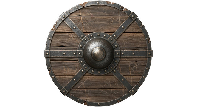 Rustic wooden Viking shield with metal reinforcements isolated on transparent background