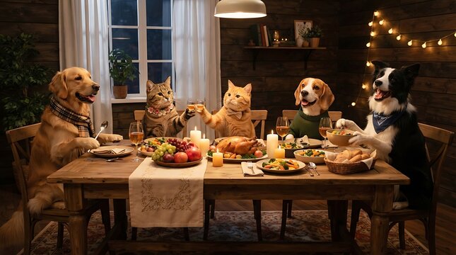 Whimsical pets enjoy a festive holiday dinner together