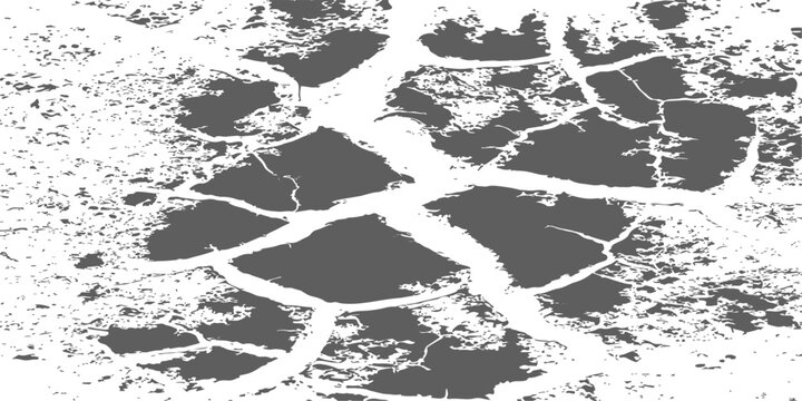 Abstract cracked earth texture vector, monochrome grunge background pattern of dry parched soil with perspective view