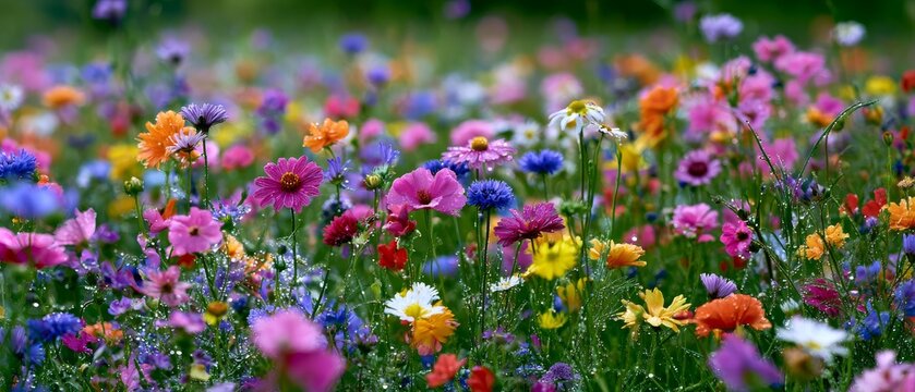 Bright flowers bloom in a field during springtime with various colors and types growing together under sunlight