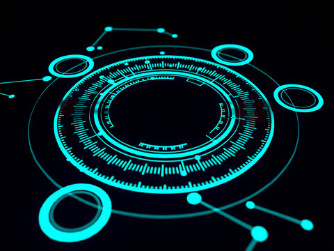 A futuristic digital illustration of a glowing cyan holographic user interface with concentric circles and network data nodes on a black background