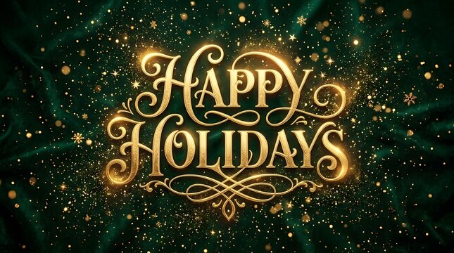 Happy holidays wishes with gold glittery text on dark green background with snowflakes and stars