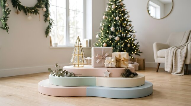 Happy holidays christmas decor with pastel gift display and tree