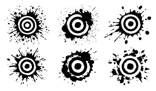 target symbols set with concentric circles and grunge ink splatters