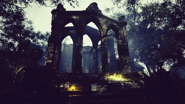 Ancient stone arches rise from the earth, embraced by shadows and overgrown vines. Soft lights flicker nearby, showcasing the beauty of forgotten history. Nature melds with this serene landscape.