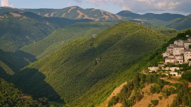 Labro Rieti Italy drone sunset panning view of authentic medieval hilltop village, cinematic 4K rotation reveal panorama of italian borgo, hidden gems