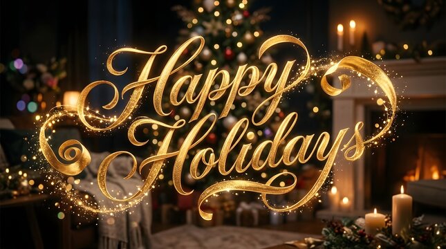 Festive 'happy holidays' golden typography with cozy fireplace scene for seasonal greetings and celebrations