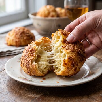 Hands pulling apart fresh baked French cheese goug&egrave;re with stretchy melted Gruyere on white background