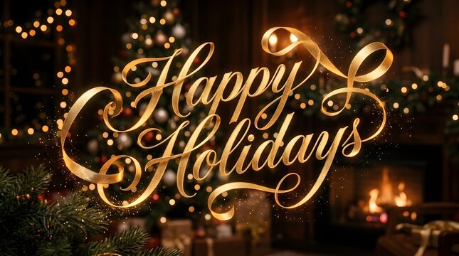Golden 'happy holidays' calligraphy with festive background christmas and new year celebrations