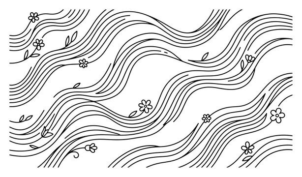 Wavy parallel lines with minimalist floral buds and leaves on white background
