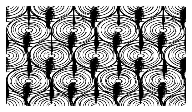 Concentric circles pattern with vertical feather motifs and ripple lines texture style